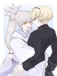  2boys absurdres blonde_hair couple fire_emblem fire_emblem_fates grey_hair high_ponytail highres hug leo_(fire_emblem_fates) male_focus multiple_boys nknaxs open_mouth orange_eyes ponytail red_eyes takumi_(fire_emblem) yaoi 