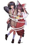  2girls absurdres artist_name ascot black_hair bound_together bow brown_eyes brown_hair brown_hat brown_jacket brown_shoes brown_shorts brown_wings collared_shirt commentary_request dated detached_sleeves flat_cap frilled_bow frilled_hair_tubes frills full_body hair_bow hair_tubes hakurei_reimu hat highres jacket long_hair long_sleeves multiple_girls necktie newsboy_cap open_mouth pointy_ears red_bow red_eyes red_necktie red_skirt ribbon-trimmed_sleeves ribbon_trim rryy shameimaru_aya shameimaru_aya_(newsboy) shirt shoes shorts simple_background skirt skirt_set socks tearing_up touhou white_background white_shirt white_socks wings yellow_ascot 