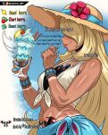  1girl absurdres bare_shoulders blannis blonde_hair breasts cowboy_shot cup cynthia_(pokemon) dark-skinned_female dark_skin food from_side hair_over_one_eye hat highres holding holding_cup ice_cream long_hair pokemon pokemon_diamond/pearl/platinum profile pubic_tattoo shirt solo straw_hat tan tattoo tied_shirt white_shirt 