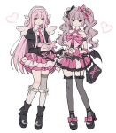  2girls agejo_gyaru angel_wings bag bat_wings belt black_bag black_boots black_bow black_jacket black_shoes black_thighhighs boots bow commentary_request fashion footwear_bow frilled_skirt frills full_body garter_straps grey_eyes gyaru hair_bow hairband handbag head_wings heart high_heels highres jacket juliet_sleeves korean_commentary long_hair long_sleeves looking_at_viewer low_wings multiple_girls myangelical necktie original pink_belt pink_bow pink_hair pink_necktie pink_skirt puffy_sleeves see-through_clothes see-through_thighhighs shoes simple_background single_garter_strap single_thighhigh skirt socks thighhighs twintails very_long_hair wavy_hair white_background white_hairband white_socks wings 
