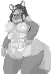  6_breasts angry anthro bikini breasts canid canine clothing female hair hi_res kyabe2d0g145 mammal monochrome multi_breast raccoon_dog solo standing stitched_body swimwear two-piece_swimsuit 