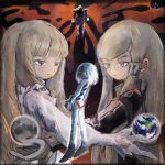  1boy 2girls aaruemu_(rmn9ql) absurdres blonde_hair blue_eyes dark-skinned_male dark_skin dianna_soreil earth_(planet) full_moon gundam highres kihel_heim long_hair loran_cehack mecha mecha_pilot_suit mobile_suit moon multiple_girls planet robot science_fiction turn_a_gundam turn_a_gundam_(mobile_suit) white_hair 