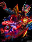  1boy black_background black_bodysuit bodysuit brown_hair exdreamrise_capsem henshin_pose highres kamen_rider kamen_rider_zeztz kamen_rider_zeztz_(series) kamen_rider_zeztz_exdream male_focus obakelope0530 red_eyes simple_background tokusatsu yorozu_baku zeztz_exdream_driver 