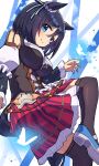  1girl absurdres animal_ears black_hair black_thighhighs breasts closed_mouth commentary_request ear_ribbon eishin_flash_(meisterschaft)_(umamusume) eishin_flash_(umamusume) highres horse_ears horse_girl horse_tail kasuokasuto looking_at_viewer medium_breasts red_skirt short_hair skirt smile solo striped_clothes striped_skirt tail thighhighs umamusume vertical-striped_clothes vertical-striped_skirt 