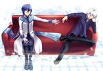  ahoge aqua_eyes aqua_hair arm_support blue_eyes blue_hair blue_scarf boots caffein cigarette collarbone commentary_request couch fish full_body gloves head_rest headphones highres honne_dell kaito kaito_(vocaloid3) long_sleeves looking_at_viewer male_focus multiple_boys necktie on_couch outstretched_arm ponytail red_eyes scarf short_hair silver_hair sitting smoking vocaloid voyakiloid white_gloves 