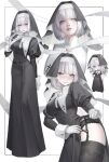  1girl absurdres anger_vein arm_behind_back averting_eyes belt black_belt black_dress black_panties black_shoes black_thighhighs black_veil blush breast_curtains breasts chibi chibi_inset clothes_lift commentary cowboy_shot cropped_shoulders cross cross_earrings dress dress_lift earrings embarrassed english_commentary full_body garter_straps gloves grey_eyes grey_hair hand_up highres inset_border jewelry juliet_sleeves lace-trimmed_panties lace_trim lifting_own_clothes long_dress long_sleeves looking_at_viewer looking_to_the_side medium_breasts multiple_views neck_ribbon nun nun_headdress original panties parted_lips pointing pointing_at_viewer puffy_sleeves raresauce ribbon shoes short_hair sideways_glance single_earring sleeve_cuffs small_sweatdrop standing thighhighs underwear veil white_background white_gloves white_ribbon 