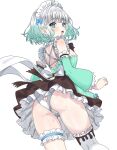  1girl absurdres ass blue_eyes bow clothing_cutout commentary densetsu.exe dress english_commentary frilled_dress frills from_behind gradient_hair green_dress green_hair green_sleeves hair_bow heart_cutout highres ivan_ramirez looking_at_viewer looking_back maid_day maid_headdress mint_fantome mole mole_on_ass mole_on_thigh multicolored_hair open_mouth panties pointy_ears retro_artstyle short_hair simple_background solo underwear upskirt virtual_youtuber white_background white_hair white_panties 