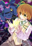 anthro bandai_namco black_body black_fur blonde_hair blue_eyes chiropmon cloak clothing cowl digimon digimon_(species) digimon_beatbreak duo flying fur hair hi_res human makoto_kuonji male mammal pupils ribbons smile topwear tyks_yuzu unusual_pupils vest visor wings yellow_eyes