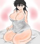  black_hair blue_eyes blush breasts cleavage collarbone double_cross_(f.e.a.r.) dxyuzu earrings hair_ornament hairclip jewelry large_breasts long_hair looking_at_viewer naked_sheet plump seiza sitting socks solo stud_earrings tamano_tsubaki thick_thighs thighs 
