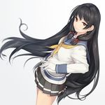  black_hair breasts brown_eyes dutch_angle gloves isokaze_(kantai_collection) kantai_collection long_hair looking_at_viewer medium_breasts pleated_skirt rokuwata_tomoe school_uniform serafuku sidelocks skirt smile solo white_gloves 