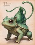  2023 ambiguous_gender antennae_(anatomy) bulbasaur christopher_stoll digital_drawing_(artwork) digital_media_(artwork) digitigrade english_text feral full-length_portrait generation_1_pokemon green_body hi_res looking_at_viewer mouth_closed nintendo pokemon pokemon_(species) portrait pupils quadruped red_eyes side_view simple_background snout solo species_name tan_background text twitter_handle 