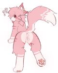anthro anus butt confusion countershade_butt countershading felid feline female fur genitals hair hi_res looking_at_viewer looking_back looking_back_at_viewer mammal pawpads paws pink_body pink_fur pink_hair presenting presenting_vulva question_mark raised_tail rear_view red_eyes sakurai_(zofreak) simple_background solo tail vulva white_background zofreak