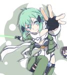  1boy 1girl aqua_eyes aqua_hair armor armored_leotard asagi501 belt black_belt black_gloves black_hair black_jacket black_leotard black_shorts black_trim breasts breasts_apart chest_guard closed_mouth covering_own_mouth cowboy_shot cropped_jacket detached_pants double-parted_bangs drop_shadow energy_sword fingerless_gloves gloves green_background green_jacket green_lightsaber green_pants hair_between_eyes hair_ornament hairclip highleg highleg_leotard highres holding holding_sword holding_weapon jacket kirito kirito_(sao-ggo) leg_up leotard lightsaber long_hair long_sleeves messy_hair multicolored_jacket multicolored_leotard open_clothes open_jacket outstretched_arm pants purple_eyes scarf short_shorts shorts sinon small_breasts smile solo_focus split_mouth sword sword_art_online tassets thigh_strap two-tone_jacket two-tone_leotard upper_body v-shaped_eyebrows weapon white_armor white_background white_jacket white_leotard white_scarf 