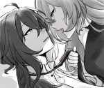  2girls ahoge bronya_rand bvbu clothes_grab greyscale hand_up highres honkai:_star_rail honkai_(series) lipstick_mark lipstick_mark_on_neck long_hair looking_at_viewer monochrome multiple_girls necktie necktie_grab neckwear_grab parted_lips seele_(honkai:_star_rail) sidelocks upper_body vampire_bite yuri 