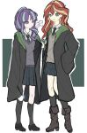  2girls :d aegyo_sal alternate_breast_size_(smaller) anger_vein aqua_streaks arm_at_side black_coat black_shoes black_socks blonde_streaks blue_skirt blunt_bangs boots breasts brown_boots chinese_commentary closed_mouth coat collared_shirt commentary_request diagonal-striped_clothes diagonal-striped_necktie double-parted_bangs eye_contact face-to-face flat_chest full_body green_background green_eyes green_hood green_necktie grey_sweater grin hair_between_eyes hair_over_shoulder hand_on_own_hip hand_up high_heel_boots high_heels high_ponytail highres holding holding_wand hood hood_down hooded_coat hulianwangpingguo knee_boots kneehighs knees_together_feet_apart layered_sleeves legs_apart letterboxed loafers long_hair long_sleeves looking_at_another miniskirt multicolored_hair multiple_girls my_little_pony my_little_pony:_equestria_girls my_little_pony:_friendship_is_magic necktie no_pupils official_alternate_costume open_clothes open_coat outline outside_border pleated_skirt ponytail puffy_long_sleeves puffy_sleeves purple_eyes purple_hair red_hair school_uniform shirt shoes sketch skirt sleeves_past_fingers sleeves_past_wrists small_breasts smile socks spoken_anger_vein standing starlight_glimmer starlight_glimmer_(equestria_girls) streaked_hair striped_clothes striped_necktie sunset_shimmer sunset_shimmer_(human) sweater two-tone_hair wand white_outline white_shirt 