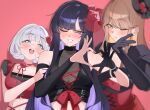  3girls :o absurdres anger_vein bead_bracelet beads black_gloves black_hair black_sleeves blue_eyes blush bracelet breasts brown_hair commentary_request cross-laced_clothes detached_sleeves earrings emma_(nikke) eunhwa_(nikke) flower front-tie_top gloves goddess_of_victory:_nikke hair_flower hair_ornament hand_on_another's_arm hands_up heart heart_hands highres jewelry large_breasts long_hair looking_at_viewer looking_up mixed-language_commentary multiple_girls official_alternate_costume one_eye_closed open_mouth parted_lips puffy_sleeves purple_eyes red_flower red_nails red_rose rose see-through_cleavage see-through_clothes short_hair short_sleeves single_glove suga_kiiha swept_bangs teeth turtleneck upper_body upper_teeth_only very_long_hair vesti_(nikke) white_hair yellow_eyes 