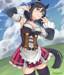  1girl absurdres animal_ears armpits black_hair black_thighhighs blue_eyes blue_sky blush bob_cut bodice breasts choker cleavage closed_mouth cloud collarbone detached_sleeves dirndl ear_ornament ear_ribbon ear_scrunchie eishin_flash_(meisterschaft)_(umamusume) eishin_flash_(umamusume) german_clothes hair_between_eyes highres horse_ears horse_girl horse_tail large_breasts looking_at_viewer outdoors red_choker red_skirt scrunchie short_hair skirt sky solo striped_clothes striped_skirt swept_bangs tail tanac_mangi thighhighs umamusume vertical-striped_clothes vertical-striped_skirt white_scrunchie 