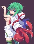  ass belt black_legwear borrowed_character breasts buckle green_eyes green_hair green_legwear highres hood hood_down hoodie living_clothes looking_at_viewer looking_back naked_hoodie nipples no_bra original simple_background small_breasts solo standing striped striped_legwear tentacle_clothes thighhighs tongue tongue_out zamudelin zettai_ryouiki 