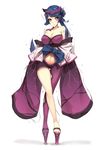  animal_ears bare_shoulders blue_hair blush breasts cleavage crossed_legs hair_ornament highres japanese_clothes kimono large_breasts long_hair long_sleeves navel original packge platform_footwear platform_heels ponytail purple_eyes ribbon simple_background solo standing tail tattoo watson_cross white_background wide_sleeves 