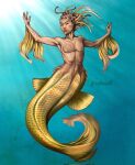 2023 4_fingers aquatic brown_eyes christopher_stoll digital_drawing_(artwork) digital_media_(artwork) female fingers front_view full-length_portrait hi_res humanoid_merfolk looking_at_viewer merfolk mouth_closed portrait pose pseudo_hair pupils scales simple_background solo split_form teal_background tentacle_hair tentacles twitter_handle white_sclera yellow_body yellow_scales