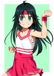  ahoge aqua_eyes armpits cheerleader clenched_hands commentary_request furrowed_eyebrows green_background grin headband idolmaster idolmaster_cinderella_girls nanjou_hikaru pettan_p pose simple_background smile solo sweat sweatband wrist_extended 