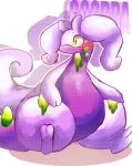 antennae_(anatomy) anthro belly blush blush_lines dragon feet felipotyphlosion female generation_6_pokemon goodra green_eyes green_markings hi_res markings mythological_creature mythological_scalie mythology nintendo overweight overweight_anthro overweight_female pokemon pokemon_(species) purple_body scalie simple_background sitting slightly_chubby slightly_chubby_anthro slightly_chubby_female slime solo tail text thick_tail thick_thighs white_background white_body white_tail