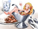  2016 ;q barefoot blonde_hair blush chibi cup curry curry_rice dated drinking_glass food food_on_face fork from_side full-face_blush giving_up_the_ghost glass gravy_boat in_food isedaichi_ken kasugano_urara_(yes!_precure_5) long_hair looking_at_viewer minigirl napkin nude one_eye_closed partially_submerged plate precure rice sauce scrunchie sketch spoon syrup_(yes!_precure_5) tongue tongue_out twintails twitter_username water yellow_eyes yes!_precure_5 