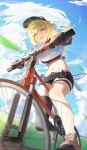  1girl a_maple absurdres artist_name bicycle black_gloves black_shorts blonde_hair blue_sky blurry blurry_foreground boots breasts brown_boots commentary_request crop_top day full_body genshin_impact gloves grey_hair highres lumine_(genshin_impact) lumine_(teyvat_turboflux)_(genshin_impact) medium_breasts midriff navel official_alternate_costume open_mouth outdoors riding riding_bicycle short_hair_with_long_locks short_shorts shorts single_thighhigh sky smile solo thighhighs visor_cap yellow_eyes 