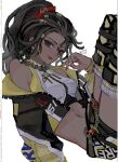  1girl arm_support bare_shoulders black_boots black_jacket black_shorts boots breasts brown_eyes chain chain_necklace commentary_request crop_top cropped_jacket dark-skinned_female dark_skin dreadlocks earrings hair_ornament hairclip halterneck highres identity_v jacket jacket_partially_removed jewelry legs_up long_sleeves looking_at_viewer medium_breasts midriff multicolored_jacket navel necklace official_alternate_costume paint_chat_(medium) patricia_dorval red_lips red_nails shirt shorts simple_background smile solo sparkle thigh_boots two-tone_jacket uma_(npon_zinsei) white_background white_shirt yellow_jacket 