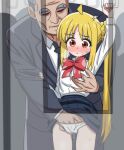  1boy 1girl ahoge blonde_hair blue_skirt blush bocchi_the_rock! bow braid braided_base chikan fingering grabbing_another's_breast groping hand_grip hand_in_another's_panties hetero highres hippo_power holding_hand_grip ijichi_nijika molestation old old_man panties picot_trim_panties pleated_skirt pussy_juice pussy_juice_drip_through_clothes red_bow red_eyes revision school_uniform shirt side_ponytail side_ponytail_with_braided_base skirt standing train_interior underwear white_panties white_shirt 