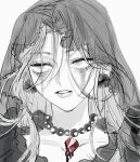  1girl absurdres alien_stage bead_necklace beads commentary_request earrings gem highres jewelry long_hair looking_to_the_side looking_up makeup mizi_(alien_stage) mizore_o87 necklace parted_lips portrait red_gem runny_makeup solo spot_color veil 