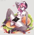  anthro apron balls breasts bulge cervid cervine clothing dickgirl horn intersex looking_at_viewer mammal nipple_piercing nipples piercing reptilies-conder smile solo spread_legs spreading 
