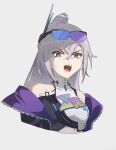  1girl bare_shoulders black-framed_eyewear black_jacket blue-tinted_eyewear blue_hair breasts clothes_writing crossed_bangs goggles goggles_on_head grey_eyes grey_hair hair_between_eyes headpiece high_ponytail highres honkai:_star_rail honkai_(series) jacket long_hair looking_at_viewer medium_breasts multicolored_hair open_clothes open_jacket open_mouth ponytail purple-tinted_eyewear purple_jacket sidelocks silver_wolf_(honkai:_star_rail) silver_wolf_(lv.999)_(honkai:_star_rail) simple_background solo streaked_hair tank_top teeth thorn_(kmconceptart) tinted_eyewear tongue turtleneck two-sided_fabric two-sided_jacket upper_body white_background white_tank_top 