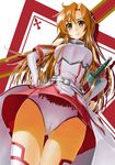  asuna_(sao) azarashing_day bad_id bad_pixiv_id bare_shoulders breastplate brown_eyes brown_hair detached_sleeves from_below hands_on_hips long_hair looking_at_viewer panties rapier solo sweatdrop sword sword_art_online underwear upskirt weapon white_panties 