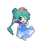  1girl ;d aqua_eyes aqua_hair black_outline blue_dress blue_shoes chibi chibi_only contrast_collar curled_tail dress elbow_gloves floating_clothes from_behind full_body game_asset gem gloves gold_tiara gown gradient_clothes gradient_dress hand_up hatsune_miku hatsune_miku_graphy_collection high_heels holding_own_dress long_dress long_hair looking_at_viewer looking_back medici_collar one_eye_closed open_mouth outline pearl_(gemstone) ponytail puffy_short_sleeves puffy_sleeves shoes short_sleeves smile solo standing transparent_background very_long_hair vocaloid white_gloves 
