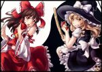  2girls apple apple_core apron ascot back_bow bad_apple!! bamboo_broom bare_shoulders black_border black_hat black_skirt black_vest blonde_hair blush border bow broom brown_eyes brown_hair commentary detached_sleeves english_commentary food frilled_hair_tubes frilled_shirt_collar frilled_skirt frills fruit grin hair_bow hair_tubes hakurei_reimu hands_up hat hat_bow holding holding_broom holding_food holding_fruit kirisame_marisa long_hair looking_back mlwplushies multiple_girls open_mouth petticoat red_bow red_shirt red_skirt ribbon-trimmed_sleeves ribbon_trim shirt short_sleeves skirt smile touhou two-tone_background vest white_apron white_bow white_shirt yellow_ascot yellow_eyes yin_yang 