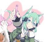  1girl animal_ear_fluff animal_ears aqua_eyes aqua_hair armored_leotard artist_name asagi501 belt_pouch black_gloves black_leotard black_trim breasts breasts_apart cat cat_ears cat_girl cat_tail cat_teaser closed_mouth commentary_request cropped_jacket double-parted_bangs fingerless_gloves gloves green_jacket hair_between_eyes hair_ornament hairclip head_on_hand heart heart_background highres holding holding_cat_teaser jacket kemonomimi_mode leotard looking_at_viewer lying medium_breasts medium_hair messy_hair multicolored_jacket multicolored_leotard on_stomach open_clothes open_jacket pink_background playing_with_animal pouch scarf sinon smile solo split_mouth sword_art_online tail tassets twitter_username two-tone_jacket two-tone_leotard variant_set watermark white_background white_jacket white_leotard white_scarf 