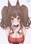 1girl @_@ absurdres alternate_breast_size_(larger) angelina_(arknights) angelina_(summer_flower)_(arknights) animal_ear_fluff animal_ears arknights bare_shoulders black_collar breasts brown_eyes brown_hair casual_one-piece_swimsuit cleavage collar collarbone dot_nose fourtwelve fox_ears fox_girl hair_ribbon highres infection_monitor_(arknights) large_breasts looking_at_viewer material_growth one-piece_swimsuit oripathy_lesion_(arknights) red_one-piece_swimsuit red_ribbon ribbon signature simple_background smile solo sweat swimsuit twintails upper_body white_background 