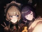  2girls bare_shoulders black_bow black_collar black_hair blue_eyes blush bonnet bow brown_hair closed_mouth collar columbina_(genshin_impact) commentary_request detached_sleeves eye_mask genshin_impact hair_bow hair_flaps hair_ornament hand_on_another's_shoulder headdress heads_together highres lens_flare long_sidelocks mask multicolored_hair multiple_girls multiple_wings one_eye_closed parted_lips purple_eyes purple_hair purple_streaks sandrone_(genshin_impact) see-through_clothes see-through_mask short_hair_with_long_locks sidelocks streaked_hair unusually_open_eyes upper_body watermark white_headdress white_mask white_wings wing_hair_ornament wings yellow_bow yukii91218 