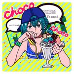  aqua_hair backwards_hat border breasts cherry chocolate cleavage earrings engrish food fruit grey_eyes hat headphones headphones_around_neck ice_cream jewelry motozaki_mio nail_polish original pocky ranguage red_nails shirt short_hair small_breasts solo spoon star star_earrings striped striped_background striped_shirt sundae tank_top triangle wafer watch white_border wristwatch 