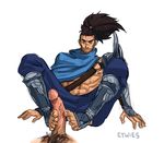  2boys bara barefoot brown_hair feet footjob league_of_legend league_of_legends looking_at_viewer male_focus multiple_boys penis ponytail pov scar source_request testicles toes yaoi yasuo_(league_of_legends) 