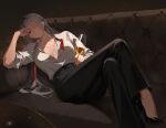  1girl absurdres ak-15_(erwin)_(girls'_frontline) ak-15_(girls'_frontline) alcohol black_pants breasts collarbone collared_shirt commentary_request couch cup formal_clothes girls'_frontline girls'_frontline_2:_exilium glass grey_hair hair_over_one_eye head_rest high_heels highres holding holding_cup long_hair long_sleeves morered_(redme837153) necktie official_alternate_costume one_eye_covered pants partially_unbuttoned purple_eyes red_necktie shirt sitting sleeves_rolled_up solo undone_necktie voymastina_(girls'_frontline_2) white_shirt 