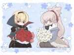  2boys blonde_hair bouquet couple fire_emblem fire_emblem_fates grey_hair high_ponytail highres leo_(fire_emblem_fates) male_focus multiple_boys nknaxs orange_eyes ponytail red_eyes takumi_(fire_emblem) yaoi 