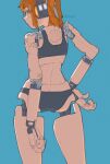  1girl a.i._voice adachi_rei android ass black_bra black_panties blue_background blush bra butt_crack commentary hand_on_own_hip highres humanoid_robot joints kanbaru_mitsuki looking_at_viewer looking_back mechanical_arms mechanical_hands mechanical_legs orange_eyes orange_hair panties robot robot_girl robot_joints simple_background solo twitter_username underwear underwear_only untranslatable_commentary 