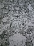  akatsuki_(kantai_collection) bare_chest clenched_teeth commentary crossed_arms fusou_(kantai_collection) glaring glasses graphite_(medium) greyscale gunbuster_pose hibiki_(kantai_collection) highres houshou_(kantai_collection) hyuuga_(kantai_collection) ikazuchi_(kantai_collection) inazuma_(kantai_collection) ise_(kantai_collection) kantai_collection kitakami_(kantai_collection) kojima_takeshi monochrome multiple_girls musashi_(kantai_collection) ooi_(kantai_collection) ponytail rensouhou-chan shimakaze_(kantai_collection) teeth top_wo_nerae! traditional_media yamashiro_(kantai_collection) yamato_(kantai_collection) 
