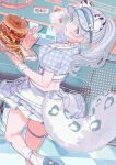  1girl animal_collar animal_ear_fluff animal_ears arm_up bandaid belt blue_eyes blush bow breasts burger character_name cleavage clothing_cutout collar collarbone commentary_request drinking_straw earrings english_commentary english_text extra_ears fingernails food french_fries from_above from_behind grey_hair grey_tail hand_on_headwear heart heart_cutout heart_in_eye high-waist_belt highres holding holding_tray indie_virtual_youtuber indoors jewelry karya large_breasts long_hair looking_at_viewer mixed-language_commentary mole mole_under_eye open_mouth pearl_earrings plaid_clothes plaid_shirt plaid_skirt pleated_skirt ponytail puffy_sleeves ren_kohaku_(vtuber) roller_skates shirt sidelocks skates skindentation skirt snow_leopard_ears snow_leopard_girl snow_leopard_tail socks soda solo standing standing_on_one_leg symbol_in_eye tail thigh_strap tile_floor tiles tray virtual_youtuber visor_cap waitress white_belt white_collar white_socks wrist_straps 