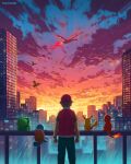 1boy absurdres artist_name blue_pants building bulbasaur charmander cityscape cloud collared_shirt english_commentary from_behind hat highres jacket moltres pants philip_sue_art pikachu pokemon pokemon_(creature) pokemon_focus railing red_(pokemon) red_hat red_jacket shirt sky skyscraper spearow squirtle sunset watch wristwatch 