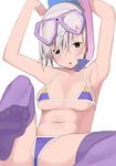  armpits arms_up bad_id bad_twitter_id bikini breasts brown_eyes diving_mask_on_head highres holding iwadamai looking_at_viewer medium_breasts micro_bikini navel open_mouth original purple_legwear short_hair silver_hair simple_background snorkel solo swimsuit thighhighs underboob white_background 