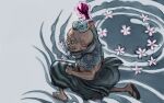  1boy absurdres arm_tattoo back_tattoo blue_hair commentary darkcore2943 flower goggles haki_(one_piece) highres hyogoro japanese_clothes kimono long_earlobes looking_ahead male_focus one_piece profile round_teeth solo tattoo teeth 