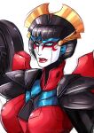  1girl airplane_wing armor blackberrehmoved blue_eyes highres humanoid_robot mechanical_wings metal_skin red_lips robot robot_girl shoulder_armor the_transformers_(idw) transformers upper_body white_background windblade wings 